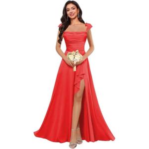 imagehomdor Spaghetti Straps Chiffon Bridesmaid Dresses for Women Long Ruffles Scoop Neck Pleated Formal Evening Gown with SlitRed