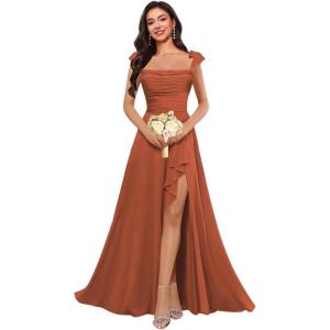 imagehomdor Spaghetti Straps Chiffon Bridesmaid Dresses for Women Long Ruffles Scoop Neck Pleated Formal Evening Gown with SlitRust