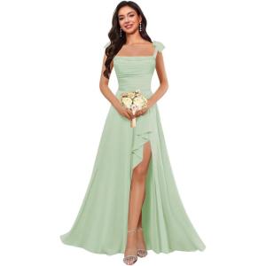 imagehomdor Spaghetti Straps Chiffon Bridesmaid Dresses for Women Long Ruffles Scoop Neck Pleated Formal Evening Gown with SlitSage Green
