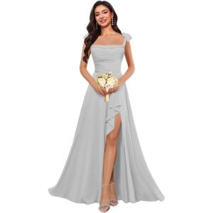 imagehomdor Spaghetti Straps Chiffon Bridesmaid Dresses for Women Long Ruffles Scoop Neck Pleated Formal Evening Gown with SlitSilver