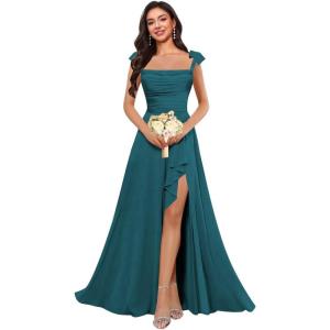imagehomdor Spaghetti Straps Chiffon Bridesmaid Dresses for Women Long Ruffles Scoop Neck Pleated Formal Evening Gown with SlitTeal