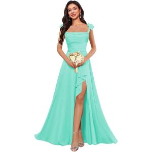 imagehomdor Spaghetti Straps Chiffon Bridesmaid Dresses for Women Long Ruffles Scoop Neck Pleated Formal Evening Gown with SlitTurquoise