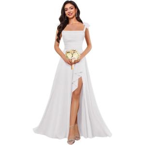 imagehomdor Spaghetti Straps Chiffon Bridesmaid Dresses for Women Long Ruffles Scoop Neck Pleated Formal Evening Gown with SlitWhite
