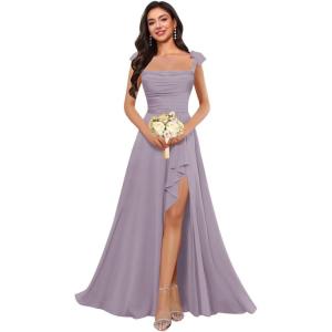 imagehomdor Spaghetti Straps Chiffon Bridesmaid Dresses for Women Long Ruffles Scoop Neck Pleated Formal Evening Gown with SlitWisteria