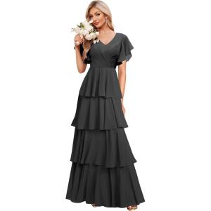 imagehomdor Tiered Ruffles Bridesmaid Dresses for Women 2025 V Neck Chiffon Formal Evening Dresses with SleevesBlack