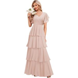 imagehomdor Tiered Ruffles Bridesmaid Dresses for Women 2025 V Neck Chiffon Formal Evening Dresses with SleevesBlush Pink