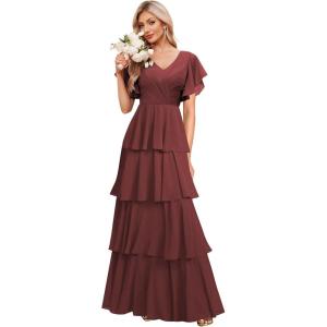 imagehomdor Tiered Ruffles Bridesmaid Dresses for Women 2025 V Neck Chiffon Formal Evening Dresses with SleevesBurgundy