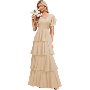 imagehomdor Tiered Ruffles Bridesmaid Dresses for Women 2025 V Neck Chiffon Formal Evening Dresses with SleevesChampagne