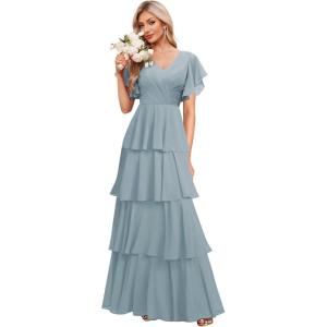 imagehomdor Tiered Ruffles Bridesmaid Dresses for Women 2025 V Neck Chiffon Formal Evening Dresses with SleevesDusty Blue