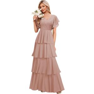 imagehomdor Tiered Ruffles Bridesmaid Dresses for Women 2025 V Neck Chiffon Formal Evening Dresses with SleevesDusty Rose