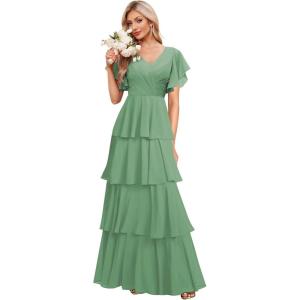 imagehomdor Tiered Ruffles Bridesmaid Dresses for Women 2025 V Neck Chiffon Formal Evening Dresses with SleevesEucalyptus