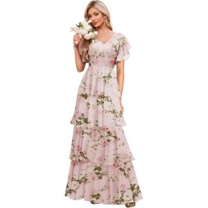imagehomdor Tiered Ruffles Bridesmaid Dresses for Women 2025 V Neck Chiffon Formal Evening Dresses with SleevesFloral