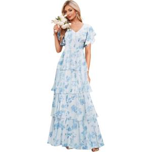 imagehomdor Tiered Ruffles Bridesmaid Dresses for Women 2025 V Neck Chiffon Formal Evening Dresses with SleevesFloral Blue2