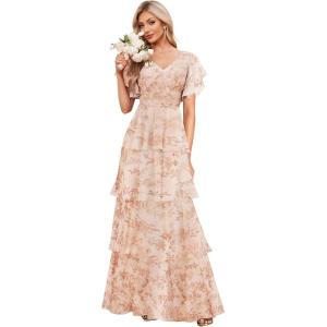 imagehomdor Tiered Ruffles Bridesmaid Dresses for Women 2025 V Neck Chiffon Formal Evening Dresses with SleevesFloral Blush