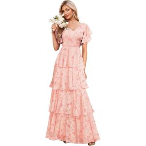 imagehomdor Tiered Ruffles Bridesmaid Dresses for Women 2025 V Neck Chiffon Formal Evening Dresses with SleevesFloral Coral