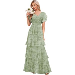 imagehomdor Tiered Ruffles Bridesmaid Dresses for Women 2025 V Neck Chiffon Formal Evening Dresses with SleevesFloral Green