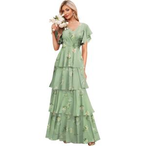 imagehomdor Tiered Ruffles Bridesmaid Dresses for Women 2025 V Neck Chiffon Formal Evening Dresses with SleevesFloral Green2