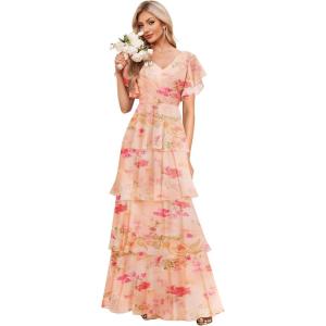 imagehomdor Tiered Ruffles Bridesmaid Dresses for Women 2025 V Neck Chiffon Formal Evening Dresses with SleevesFloral Orange