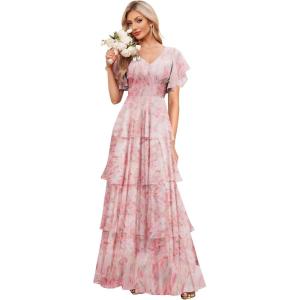 imagehomdor Tiered Ruffles Bridesmaid Dresses for Women 2025 V Neck Chiffon Formal Evening Dresses with SleevesFloral Pink