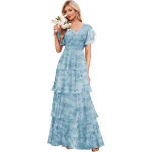 imagehomdor Tiered Ruffles Bridesmaid Dresses for Women 2025 V Neck Chiffon Formal Evening Dresses with SleevesFloral Steel Blue
