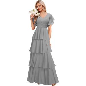 imagehomdor Tiered Ruffles Bridesmaid Dresses for Women 2025 V Neck Chiffon Formal Evening Dresses with SleevesGray