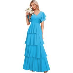 imagehomdor Tiered Ruffles Bridesmaid Dresses for Women 2025 V Neck Chiffon Formal Evening Dresses with SleevesLake Blue