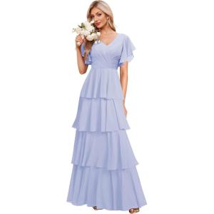 imagehomdor Tiered Ruffles Bridesmaid Dresses for Women 2025 V Neck Chiffon Formal Evening Dresses with SleevesLavender