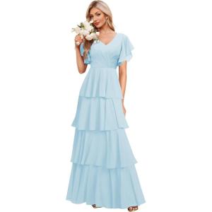 imagehomdor Tiered Ruffles Bridesmaid Dresses for Women 2025 V Neck Chiffon Formal Evening Dresses with SleevesLight Blue
