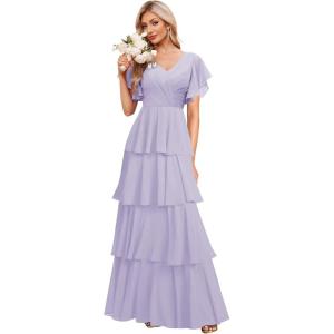 imagehomdor Tiered Ruffles Bridesmaid Dresses for Women 2025 V Neck Chiffon Formal Evening Dresses with SleevesLilac