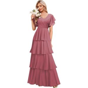 imagehomdor Tiered Ruffles Bridesmaid Dresses for Women 2025 V Neck Chiffon Formal Evening Dresses with SleevesMulberry