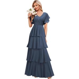 imagehomdor Tiered Ruffles Bridesmaid Dresses for Women 2025 V Neck Chiffon Formal Evening Dresses with SleevesNavy Blue