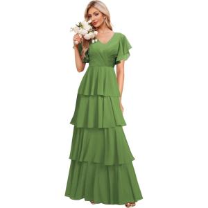 imagehomdor Tiered Ruffles Bridesmaid Dresses for Women 2025 V Neck Chiffon Formal Evening Dresses with SleevesOlive