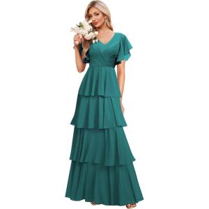 imagehomdor Tiered Ruffles Bridesmaid Dresses for Women 2025 V Neck Chiffon Formal Evening Dresses with SleevesPeacock