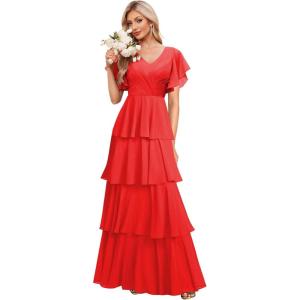 imagehomdor Tiered Ruffles Bridesmaid Dresses for Women 2025 V Neck Chiffon Formal Evening Dresses with SleevesRed