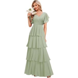 imagehomdor Tiered Ruffles Bridesmaid Dresses for Women 2025 V Neck Chiffon Formal Evening Dresses with SleevesSage Green