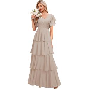 imagehomdor Tiered Ruffles Bridesmaid Dresses for Women 2025 V Neck Chiffon Formal Evening Dresses with SleevesTaupe