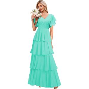 imagehomdor Tiered Ruffles Bridesmaid Dresses for Women 2025 V Neck Chiffon Formal Evening Dresses with SleevesTurquoise