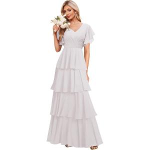 imagehomdor Tiered Ruffles Bridesmaid Dresses for Women 2025 V Neck Chiffon Formal Evening Dresses with SleevesWhite