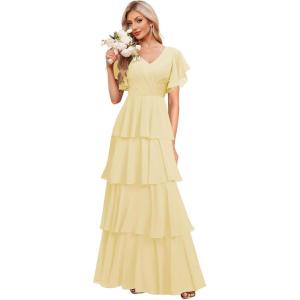 imagehomdor Tiered Ruffles Bridesmaid Dresses for Women 2025 V Neck Chiffon Formal Evening Dresses with SleevesYellow