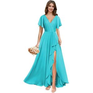 imagehomdor V Neck Chiffon Bridesmaid Dresses with Slit Ruffles Pleated A Line Formal Dress with SleevesAqua