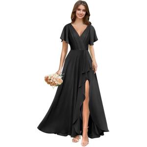 imagehomdor V Neck Chiffon Bridesmaid Dresses with Slit Ruffles Pleated A Line Formal Dress with SleevesBlack
