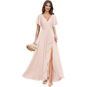 imagehomdor V Neck Chiffon Bridesmaid Dresses with Slit Ruffles Pleated A Line Formal Dress with SleevesBlush Pink