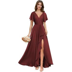 imagehomdor V Neck Chiffon Bridesmaid Dresses with Slit Ruffles Pleated A Line Formal Dress with SleevesBurgundy
