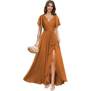 imagehomdor V Neck Chiffon Bridesmaid Dresses with Slit Ruffles Pleated A Line Formal Dress with SleevesBurnt Orange