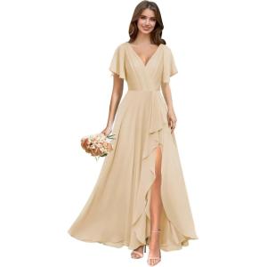 imagehomdor V Neck Chiffon Bridesmaid Dresses with Slit Ruffles Pleated A Line Formal Dress with SleevesChampagne