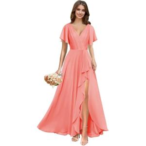 imagehomdor V Neck Chiffon Bridesmaid Dresses with Slit Ruffles Pleated A Line Formal Dress with SleevesCoral