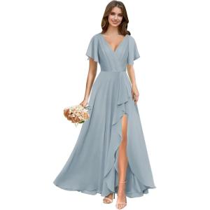 imagehomdor V Neck Chiffon Bridesmaid Dresses with Slit Ruffles Pleated A Line Formal Dress with SleevesDusty Blue