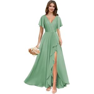 imagehomdor V Neck Chiffon Bridesmaid Dresses with Slit Ruffles Pleated A Line Formal Dress with SleevesEucalyptus
