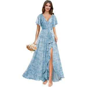 imagehomdor V Neck Chiffon Bridesmaid Dresses with Slit Ruffles Pleated A Line Formal Dress with SleevesFloral Blue