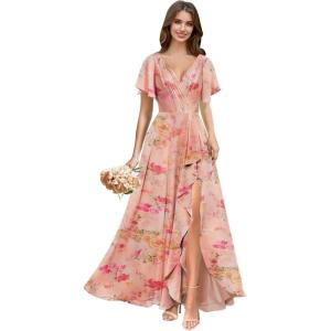 imagehomdor V Neck Chiffon Bridesmaid Dresses with Slit Ruffles Pleated A Line Formal Dress with SleevesFloral Coral